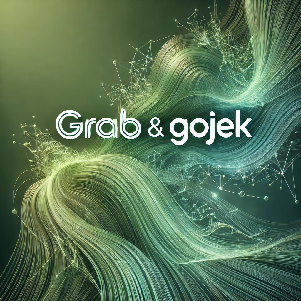 Grab and Gojek logos with AI visualization